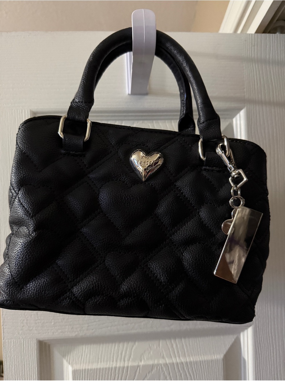 Black Quilted Top-Handle Bag with Heart Accent